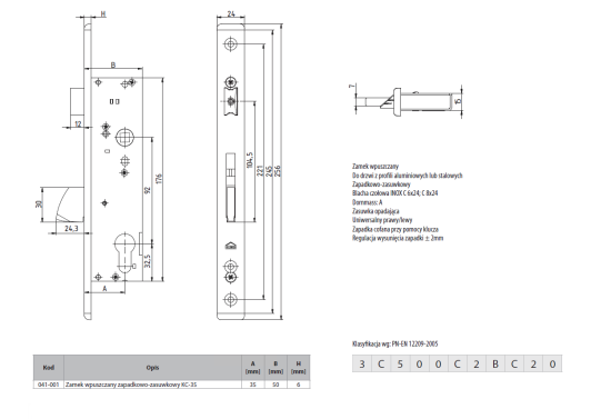 Rysunek techniczny - zamek zapadkowo-zasuwkowy Aluprof KC-35 U24 K80009266