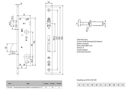 Rysunek techniczny - zamek rolkowo-zasuwkowy Aluprof KC-35 U24 K80009267