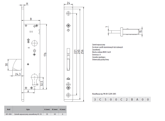 Rysunek techniczny - zamek dodatkowy zasuwkowy Aluprof KC-35 U24 K80009268