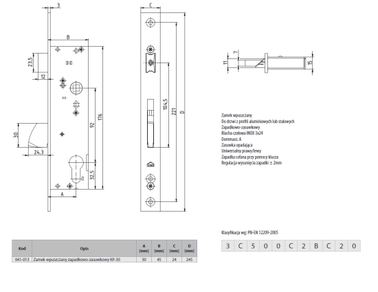 Rysunek techniczny - zamek zapadkowo-zasuwkowy Aluprof KP-30 P24 K80009269