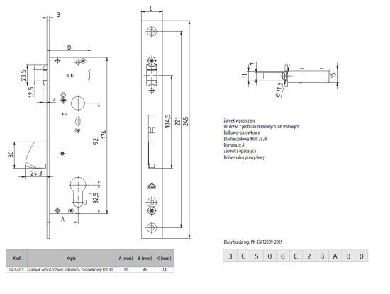 Rysunek techniczny - zamek rolkowo-zasuwkowy Aluprof KP-30 P24 K80009270