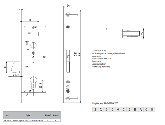 Rysunek techniczny - zamek dodatkowy zasuwkowy Aluprof KP-30 P24 K80009271